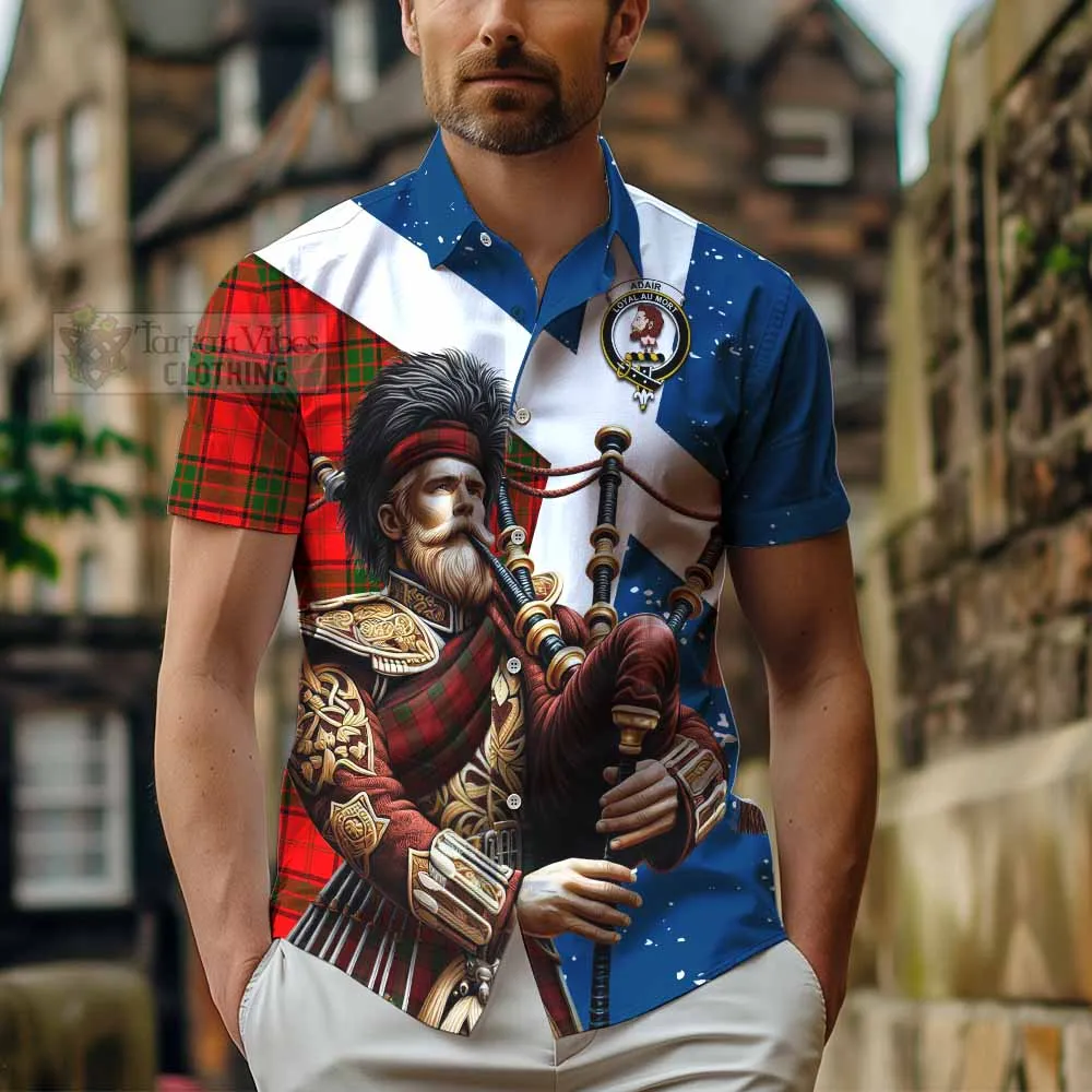 Adair Tartan Short Sleeve Button Shirt with Family Crest Scottish Bagpiper Vibes