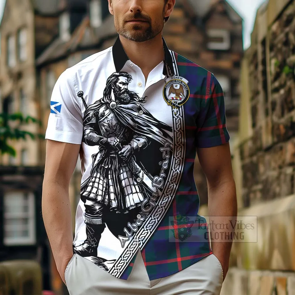 Agnew Tartan Clan Crest Short Sleeve Button Shirt with Highlander Warrior Celtic Style