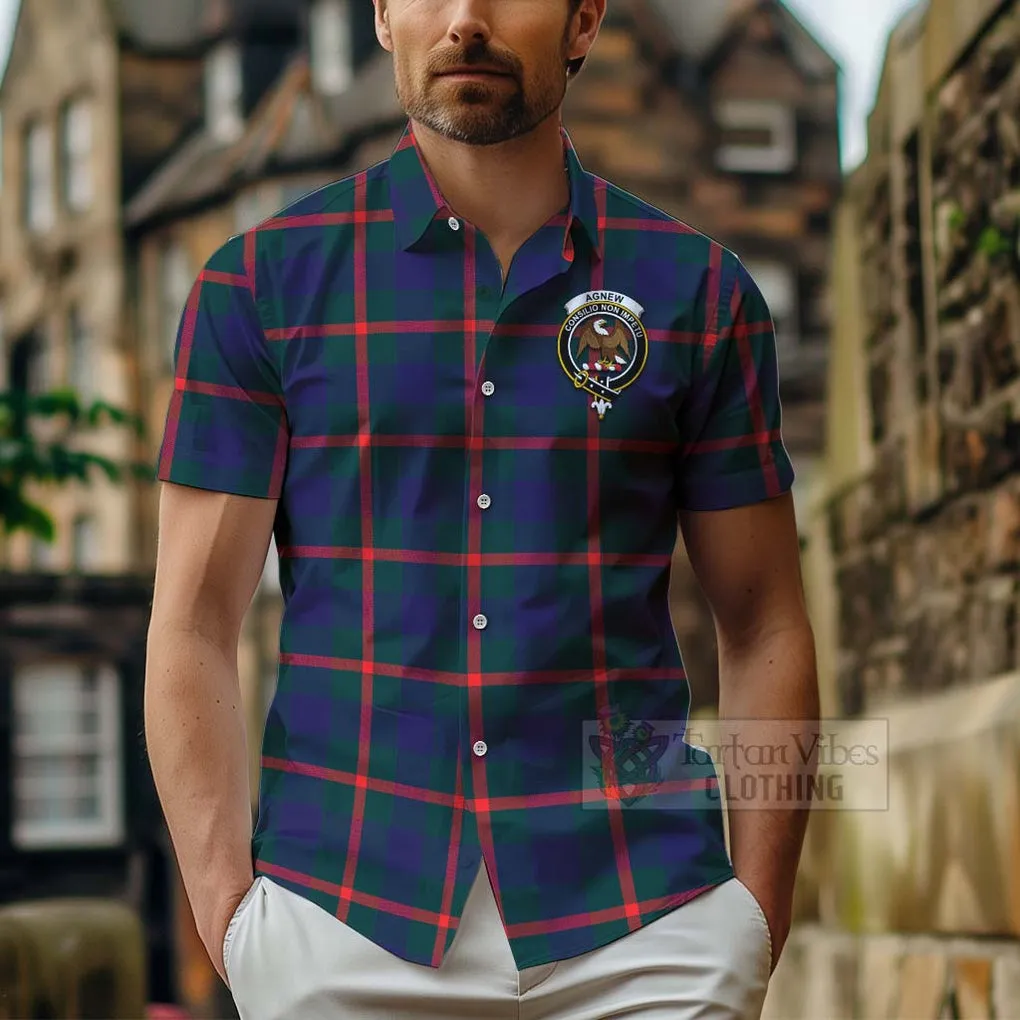 Agnew Tartan Short Sleeve Button Shirt with Family Crest and Bearded Skull Holding Bottles of Whiskey