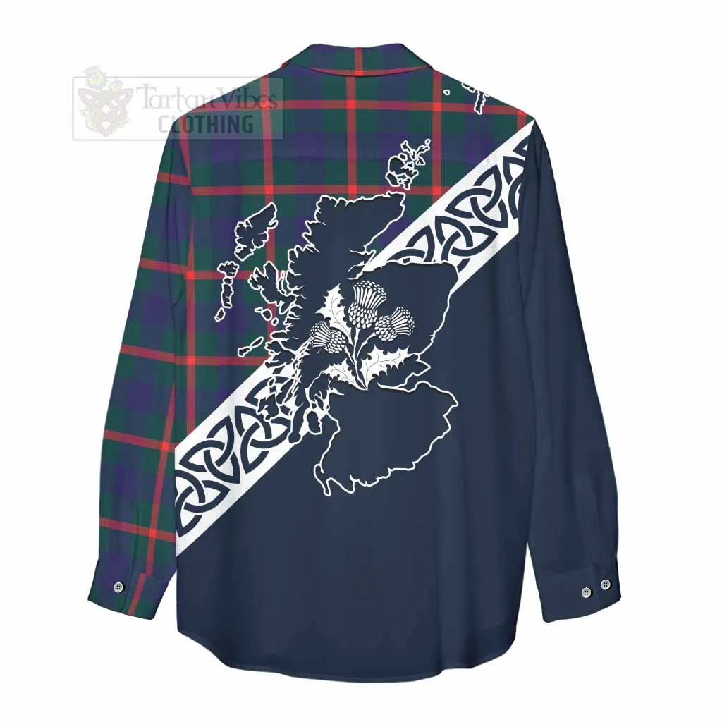 Agnew Tartan Women's Casual Shirt Featuring Thistle and Scotland Map