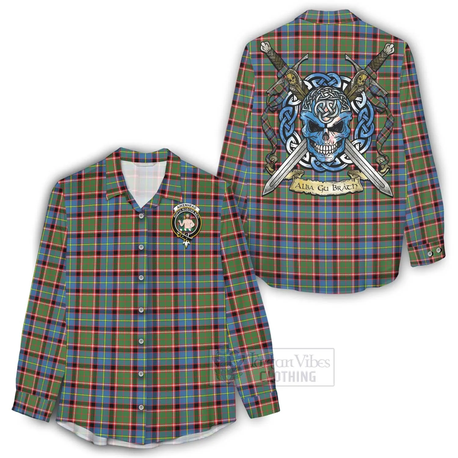 Aikenhead Tartan Women's Casual Shirt with Family Crest Celtic Skull Style