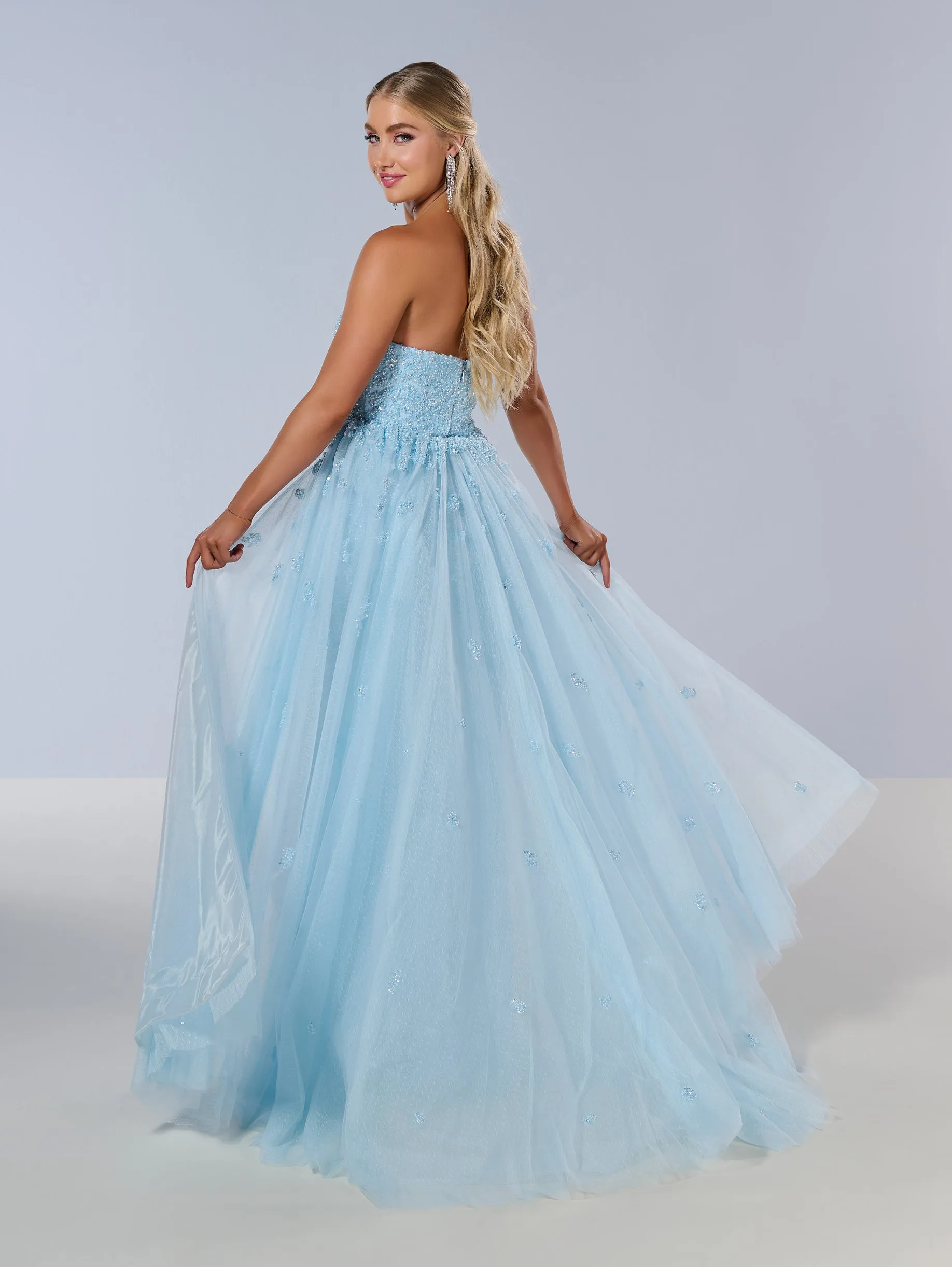 Beaded Strapless Overskirt Gown by Tiffany Designs 16209
