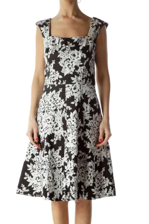 Black and White Floral A-Line Dress