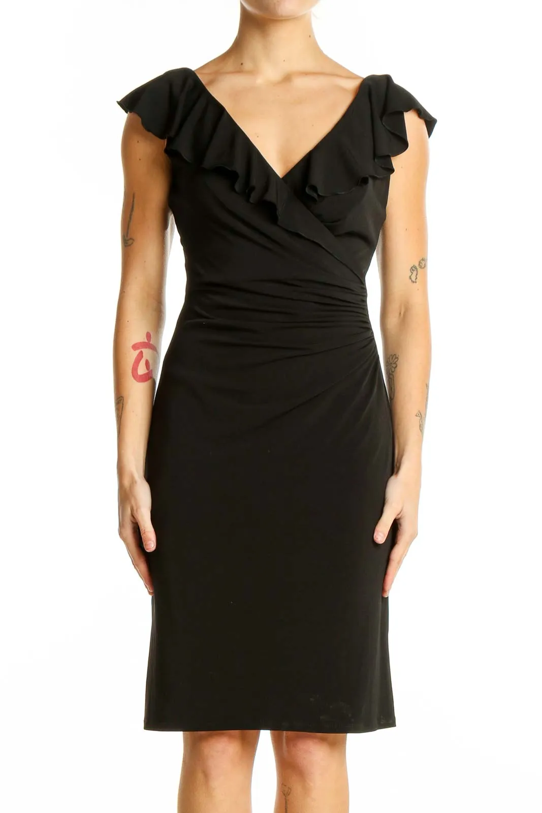 Black Ruffle-Trim Wrap Dress