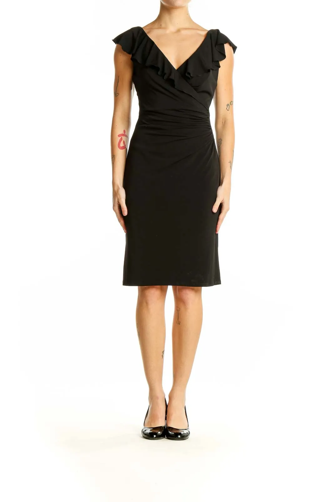 Black Ruffle-Trim Wrap Dress