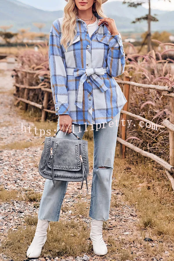 Check Belt Pocket Single Breasted Long Sleeve Shirt