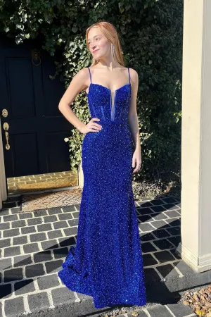 Cute Mermaid Royal Blue Sequins Spaghetti Straps Long Prom Dresses VK0731149