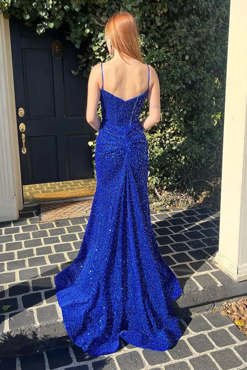 Cute Mermaid Royal Blue Sequins Spaghetti Straps Long Prom Dresses VK0731149
