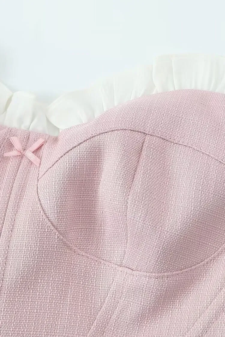Cute Ruffle Bow Trim Strapless Drop Waist Peplum High Low Corset Top