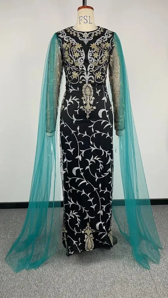 Emerald Prom Ball Gown Long Sleeve Sparkling Luxury Evening Dresses Lace Bridal Modest Wedding Dress With Detachable Skirt B-35140