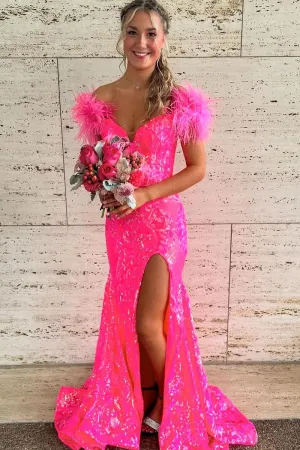 Fashion Mermaid Fuchsia Sequins Off the Shoulder Prom Dresses VK240731151