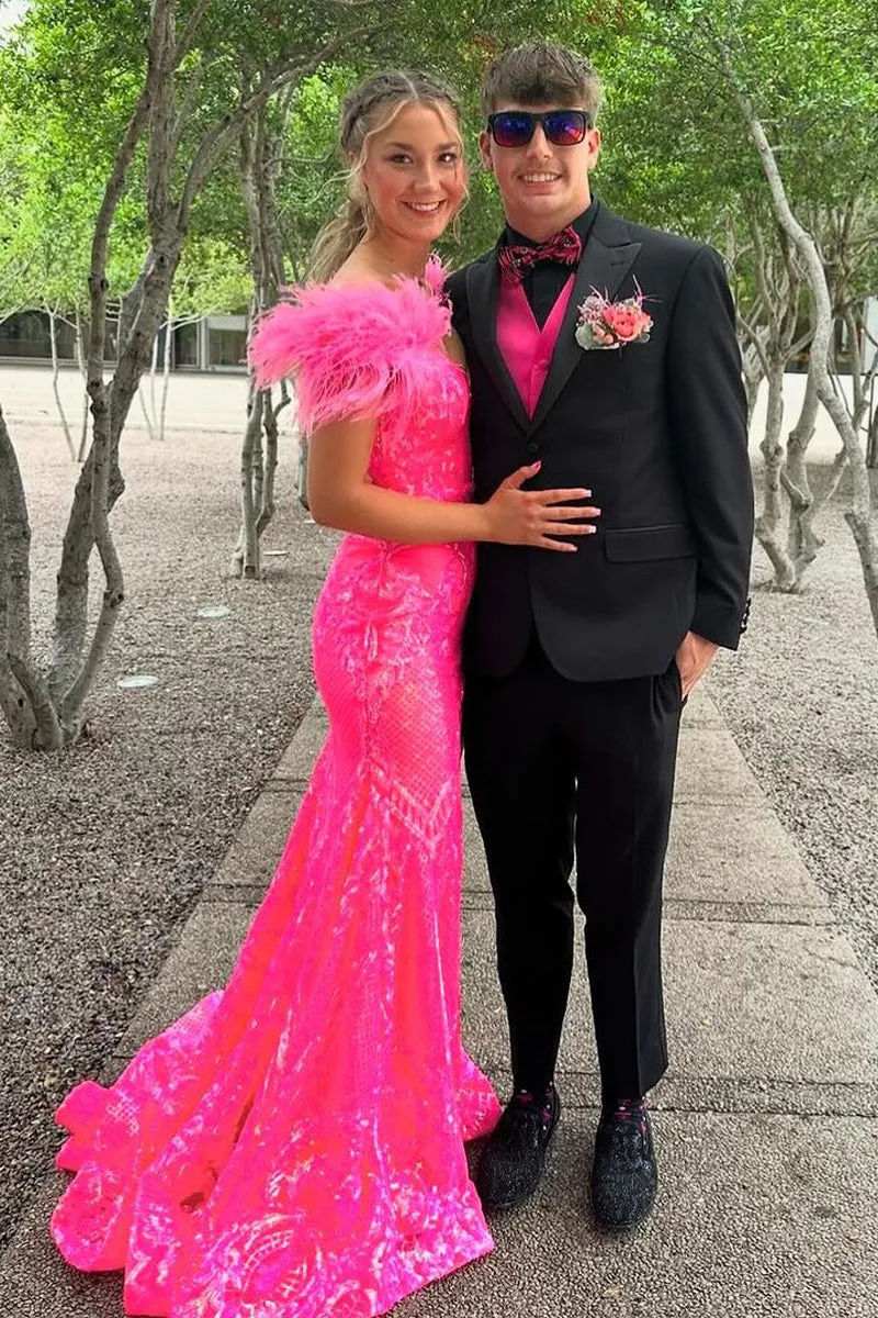 Fashion Mermaid Fuchsia Sequins Off the Shoulder Prom Dresses VK240731151