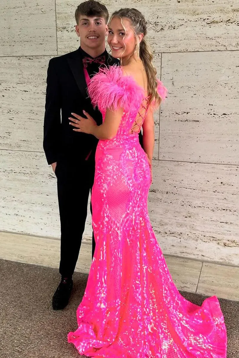 Fashion Mermaid Fuchsia Sequins Off the Shoulder Prom Dresses VK240731151