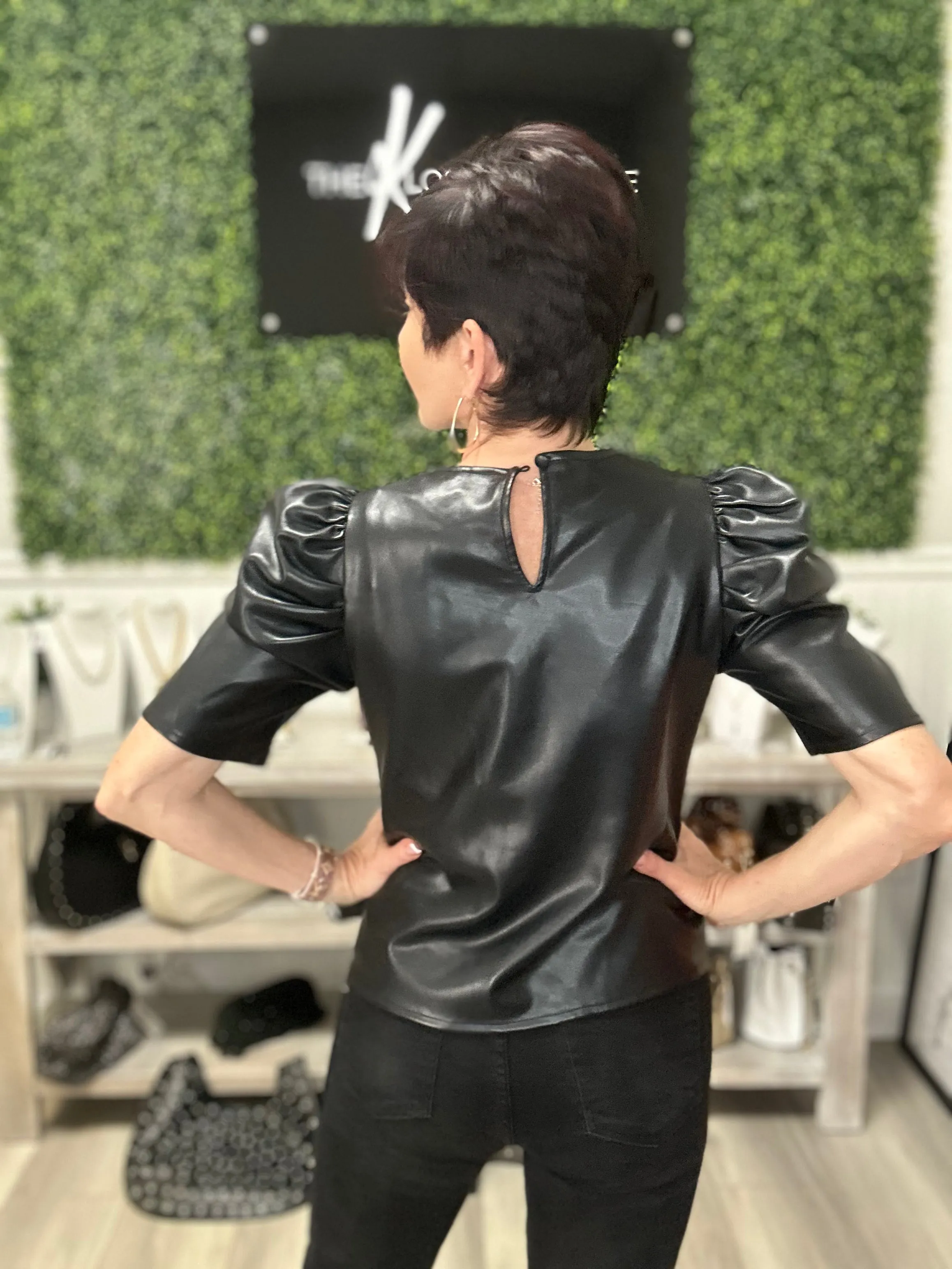 Faux Leather Puff Shoulder Top