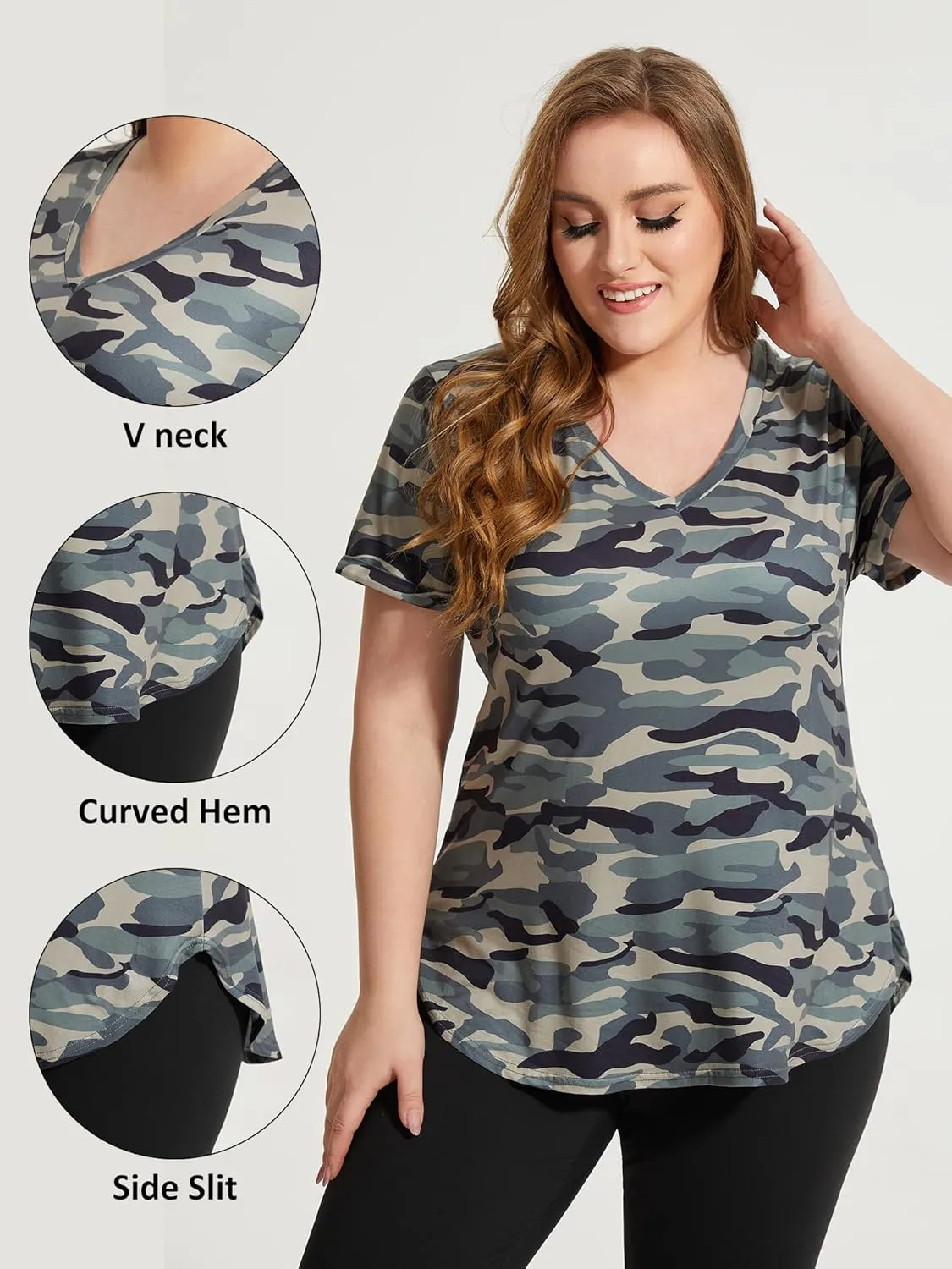 FOREYOND Plus Size Workout Tops for Women T Shirts Loose Fit V Neck Clothing Yoga Casual Summer