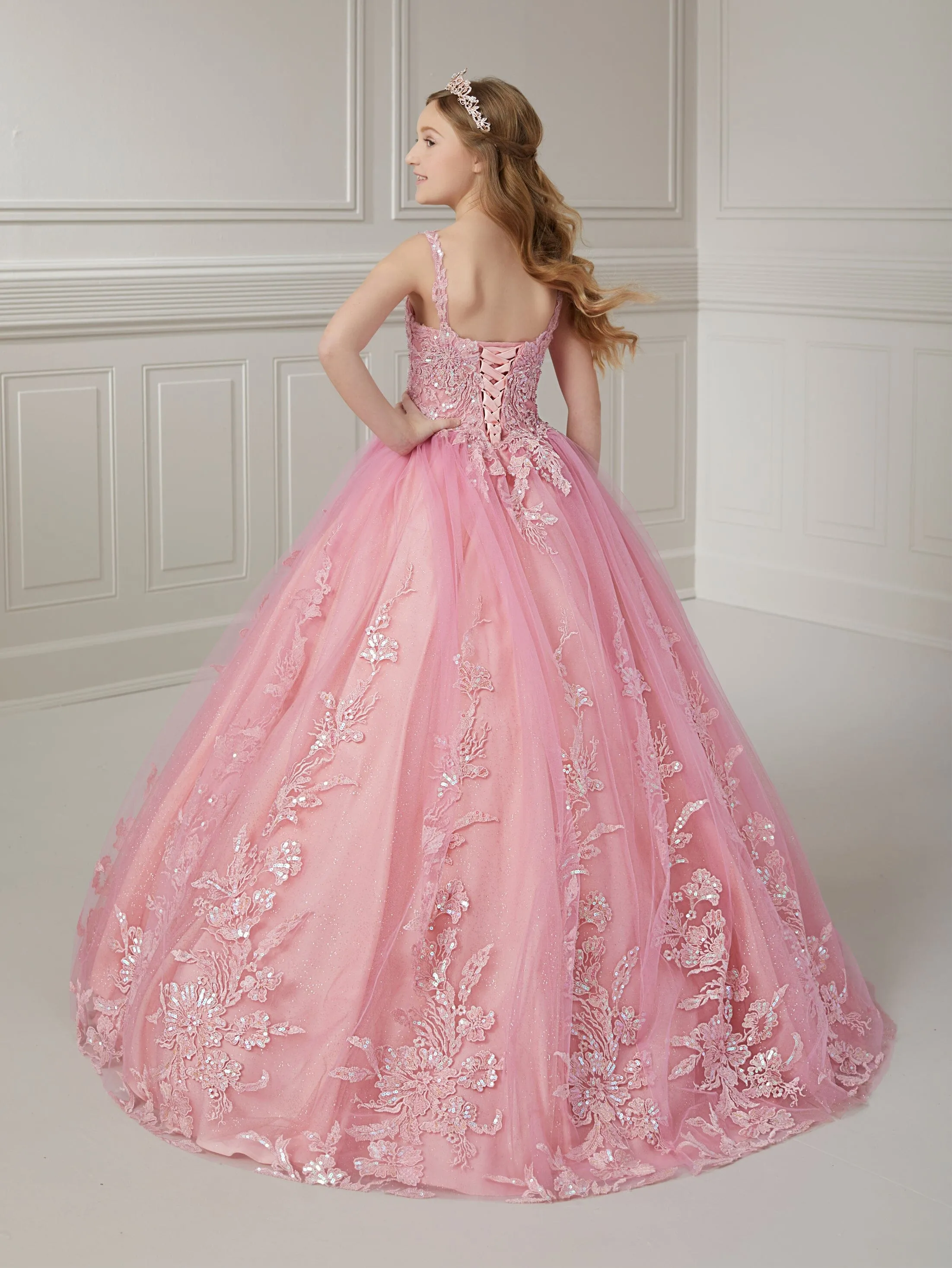 Girls Floral Applique Tulle Gown by Tiffany Princess 13720