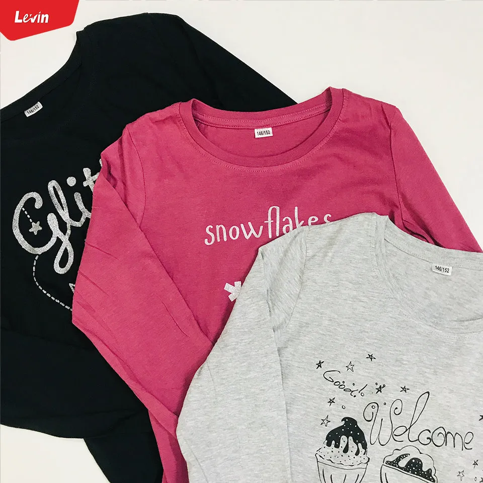 Girls Round Neck Full Sleeve Cotton Solid Print T-Shirts