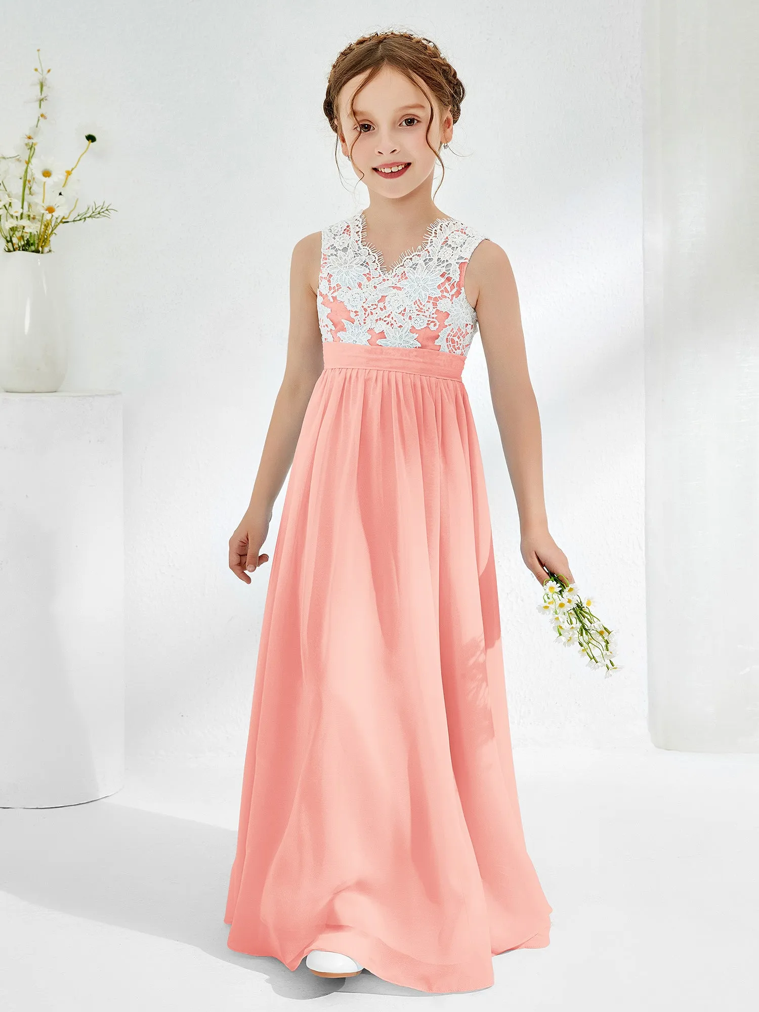 Lace Top Junior Bridesmaid Dresses Coral