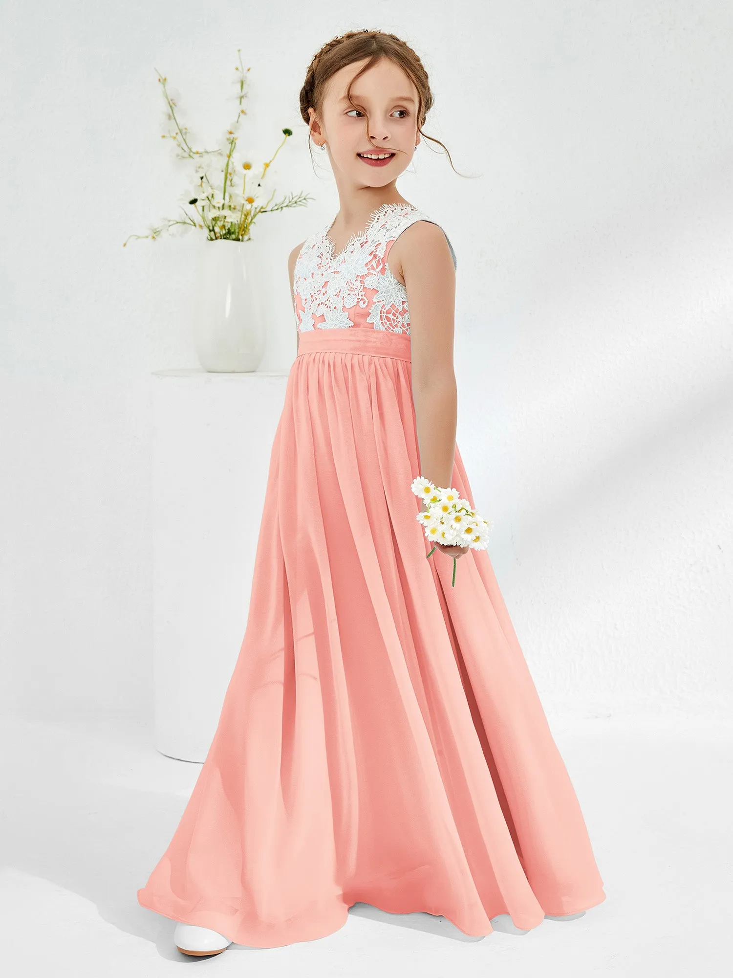 Lace Top Junior Bridesmaid Dresses Coral