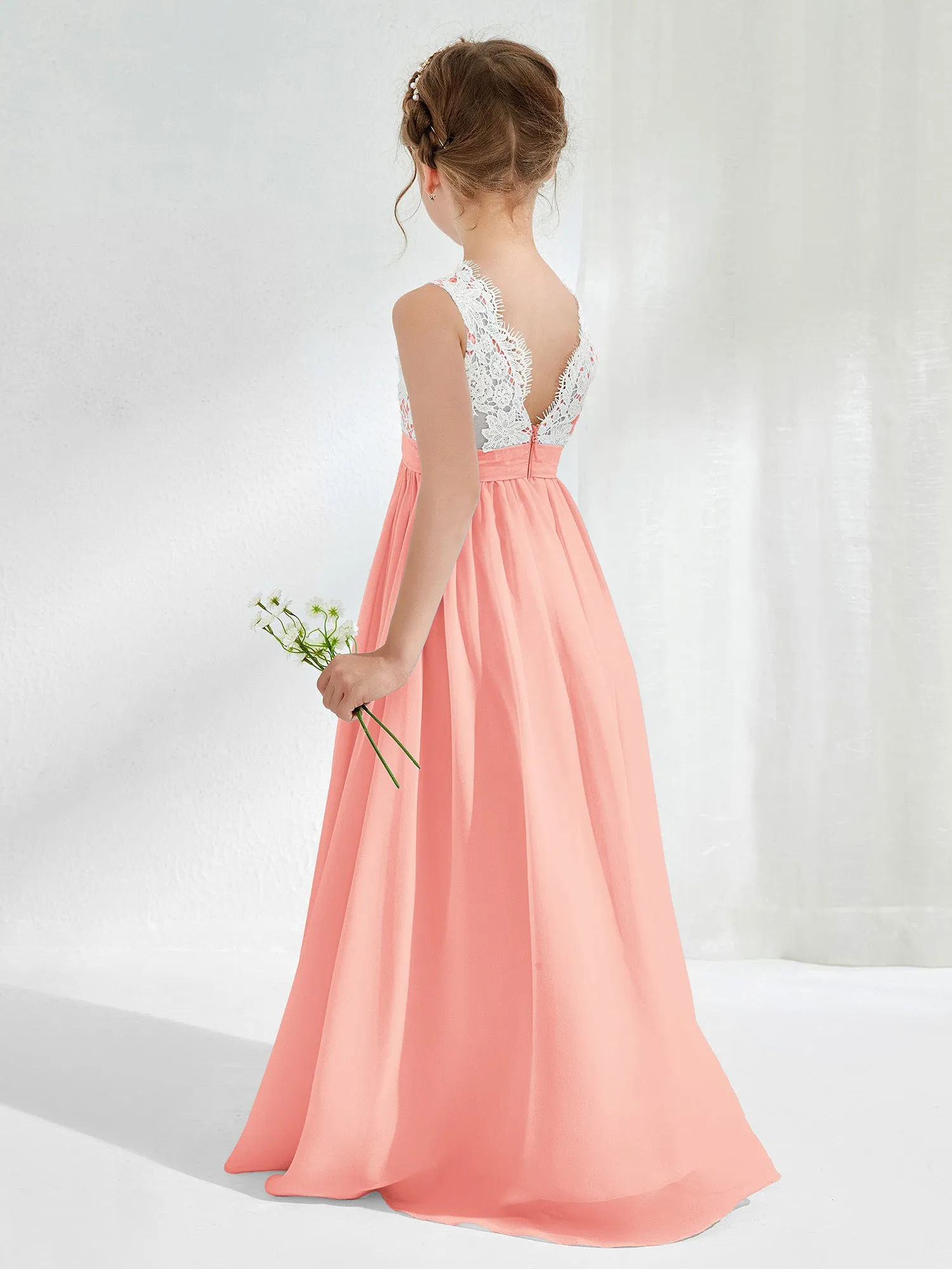Lace Top Junior Bridesmaid Dresses Coral