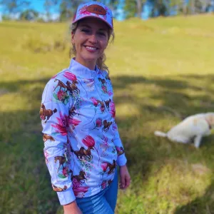Ladies Equestrian Shirt 'Petals & Ponies' with white collar.