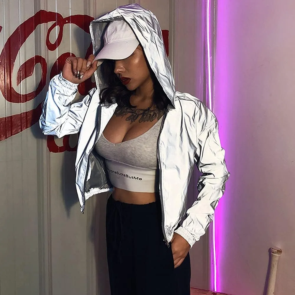 LZLRUN Reflective Jacket for Women Rave Festival Wear Glowing at Night Holographic Clothing Outfit Crop Top
