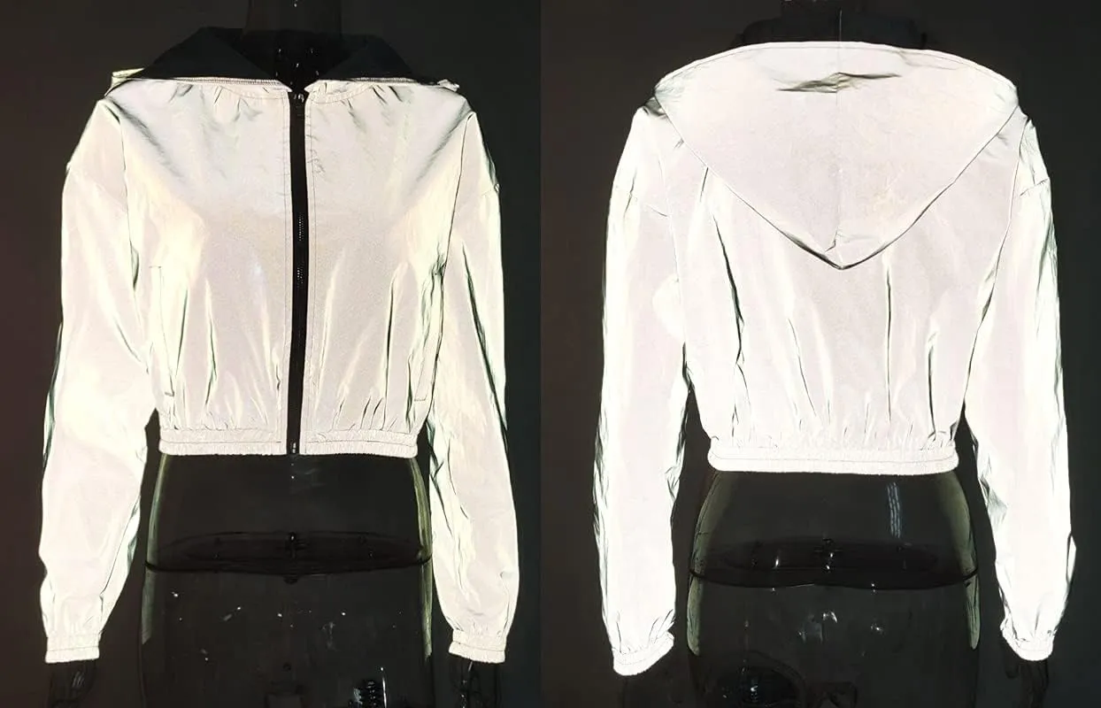 LZLRUN Reflective Jacket for Women Rave Festival Wear Glowing at Night Holographic Clothing Outfit Crop Top