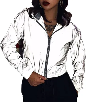 LZLRUN Reflective Jacket for Women Rave Festival Wear Glowing at Night Holographic Clothing Outfit Crop Top