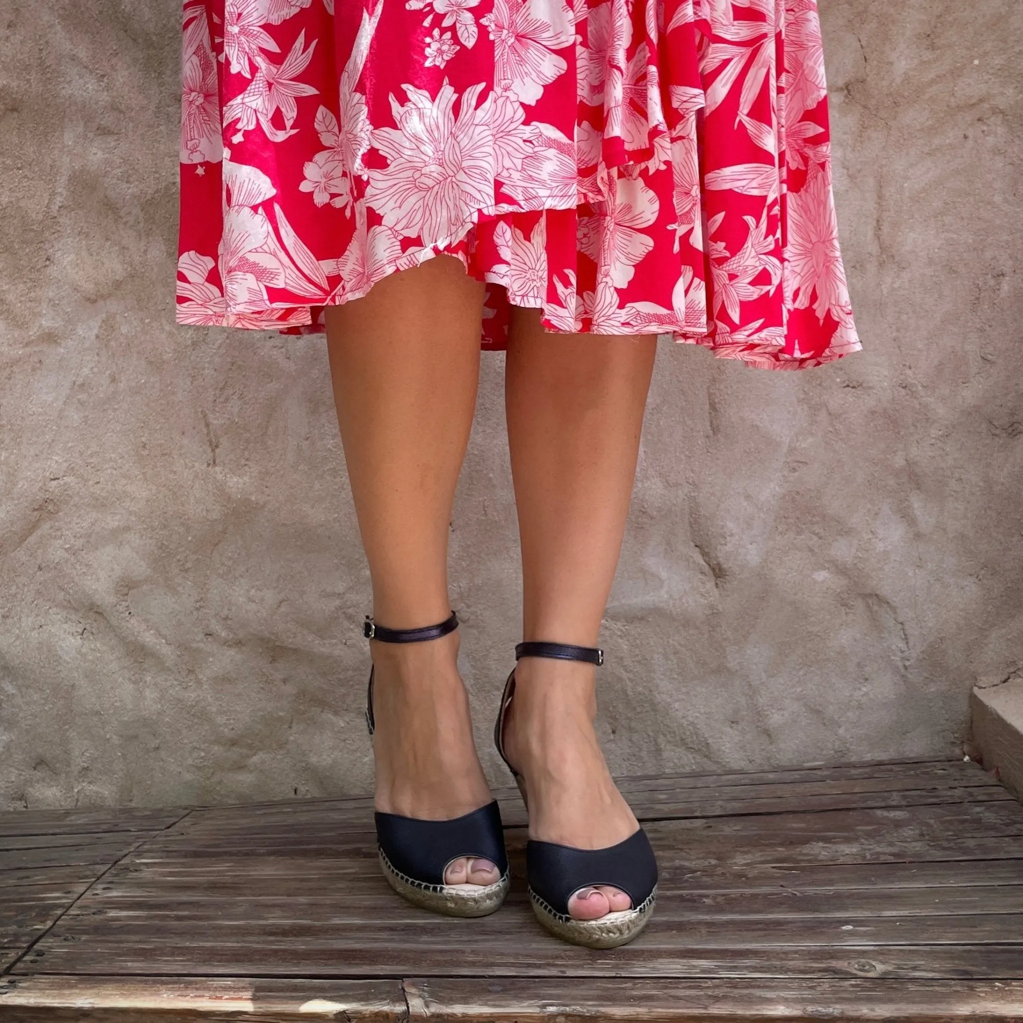 Peep Toe Espadrille Wedge in Navy