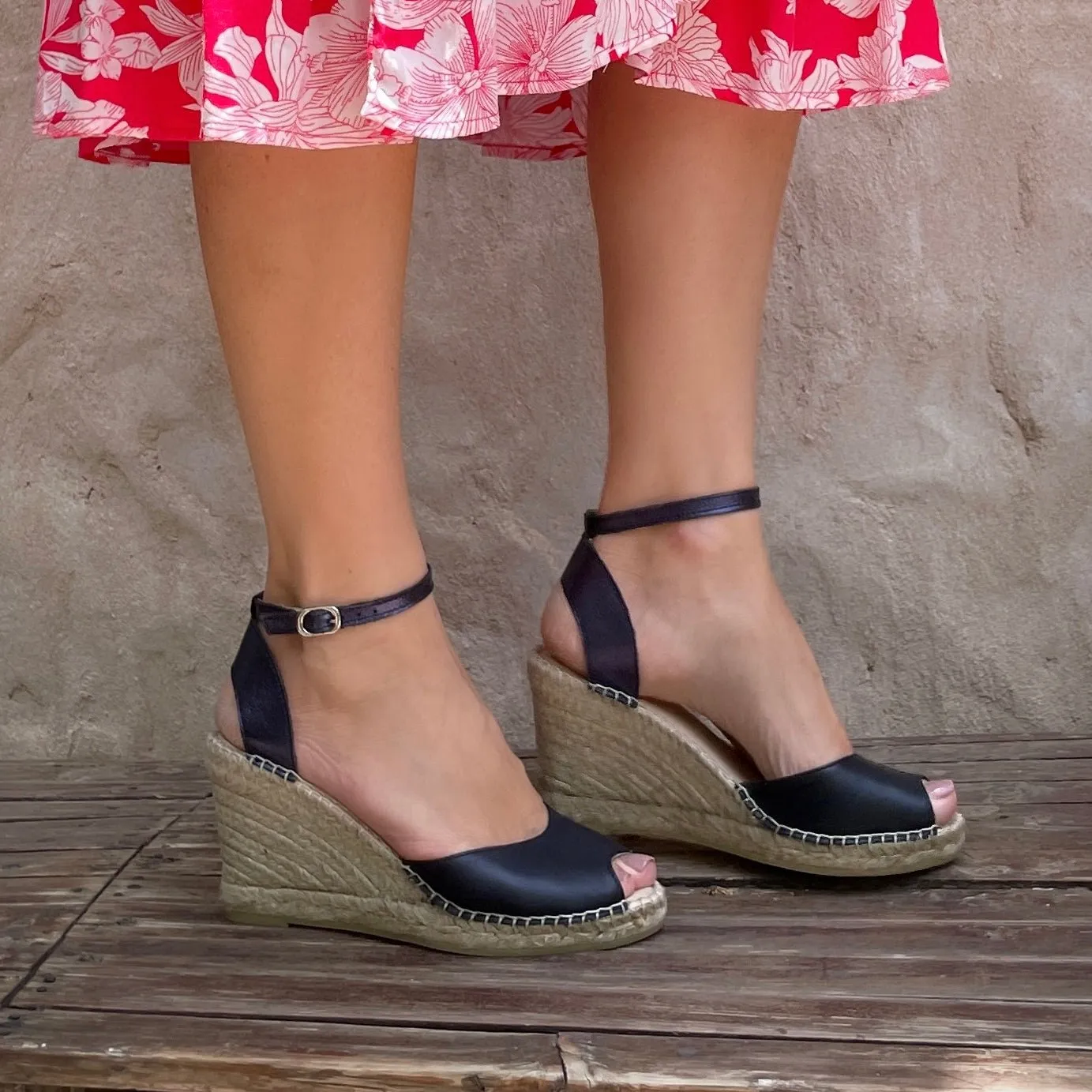 Peep Toe Espadrille Wedge in Navy
