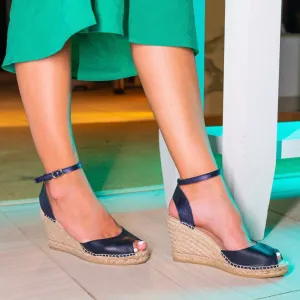 Peep Toe Espadrille Wedge in Navy