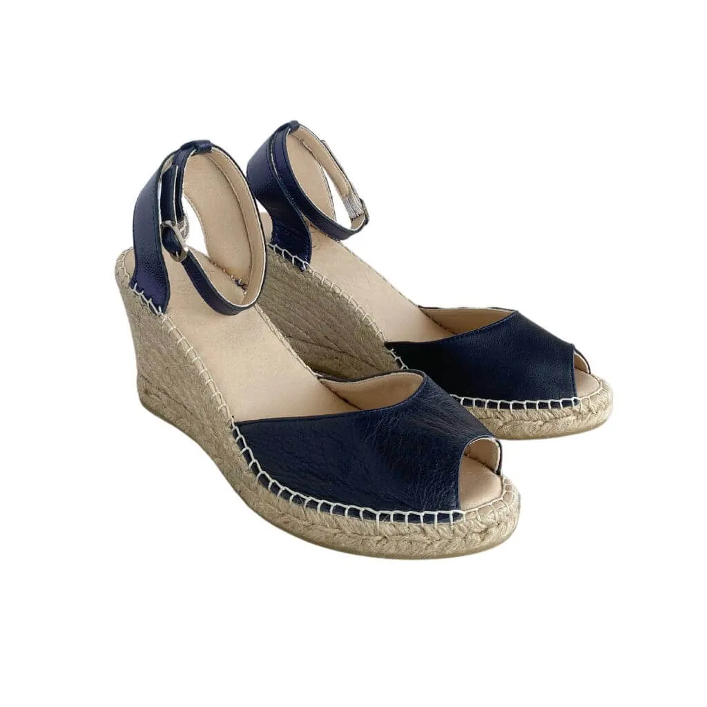 Peep Toe Espadrille Wedge in Navy