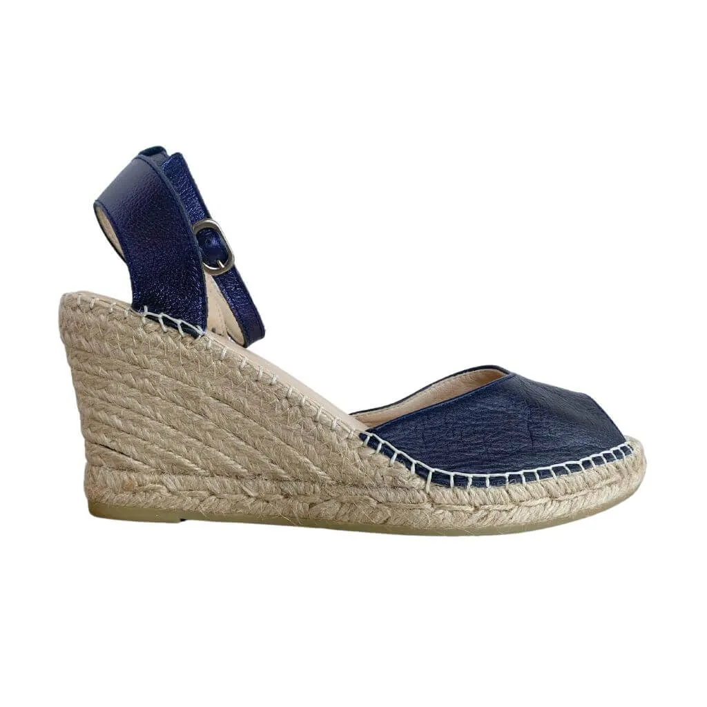 Peep Toe Espadrille Wedge in Navy