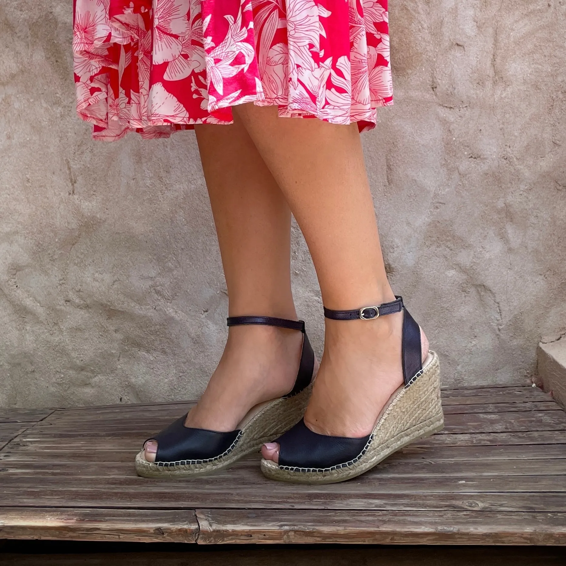 Peep Toe Espadrille Wedge in Navy