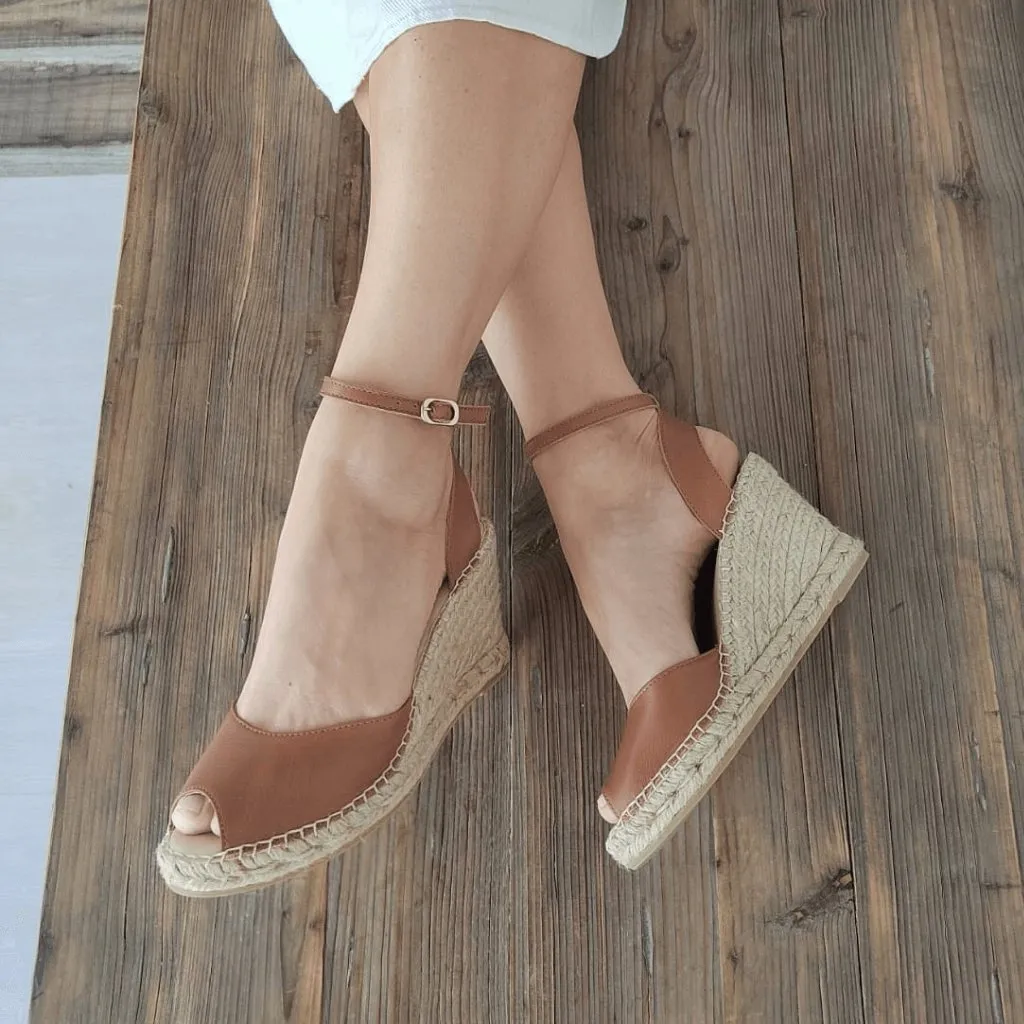 Peep Toe Espadrille Wedge in Tan