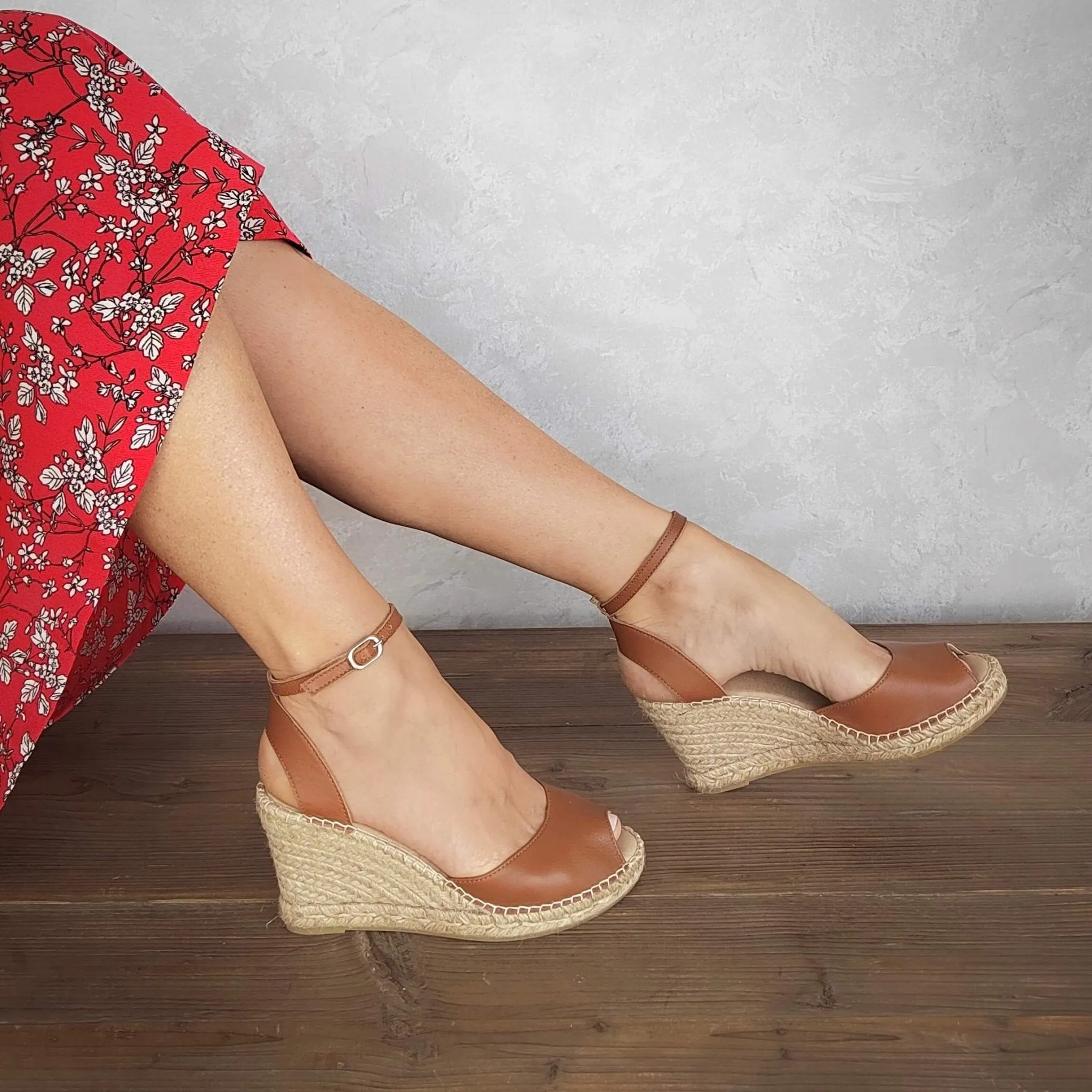 Peep Toe Espadrille Wedge in Tan