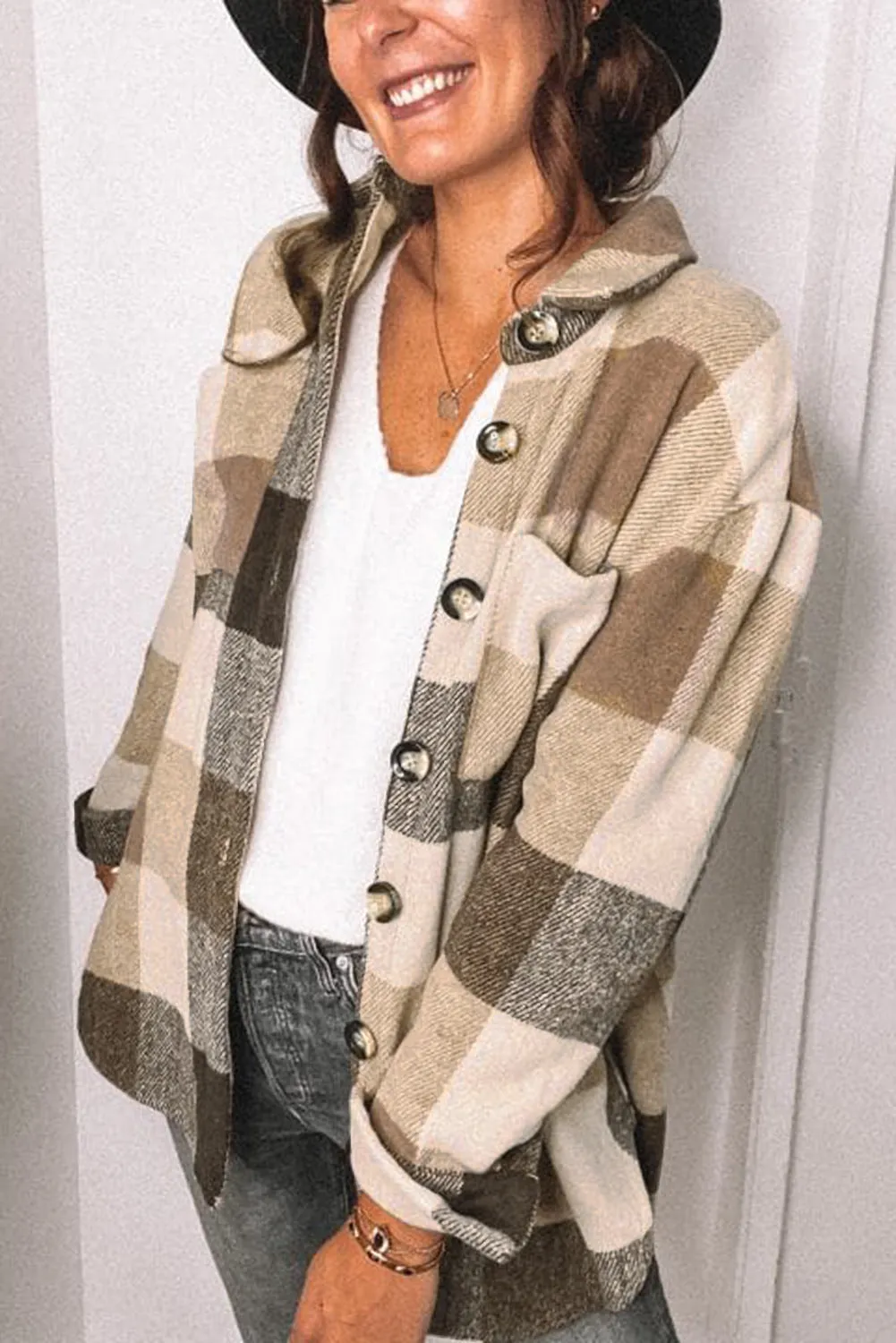 Plaid Shirt Regular Sleeve Women's Buckle Pockets Casual Coat