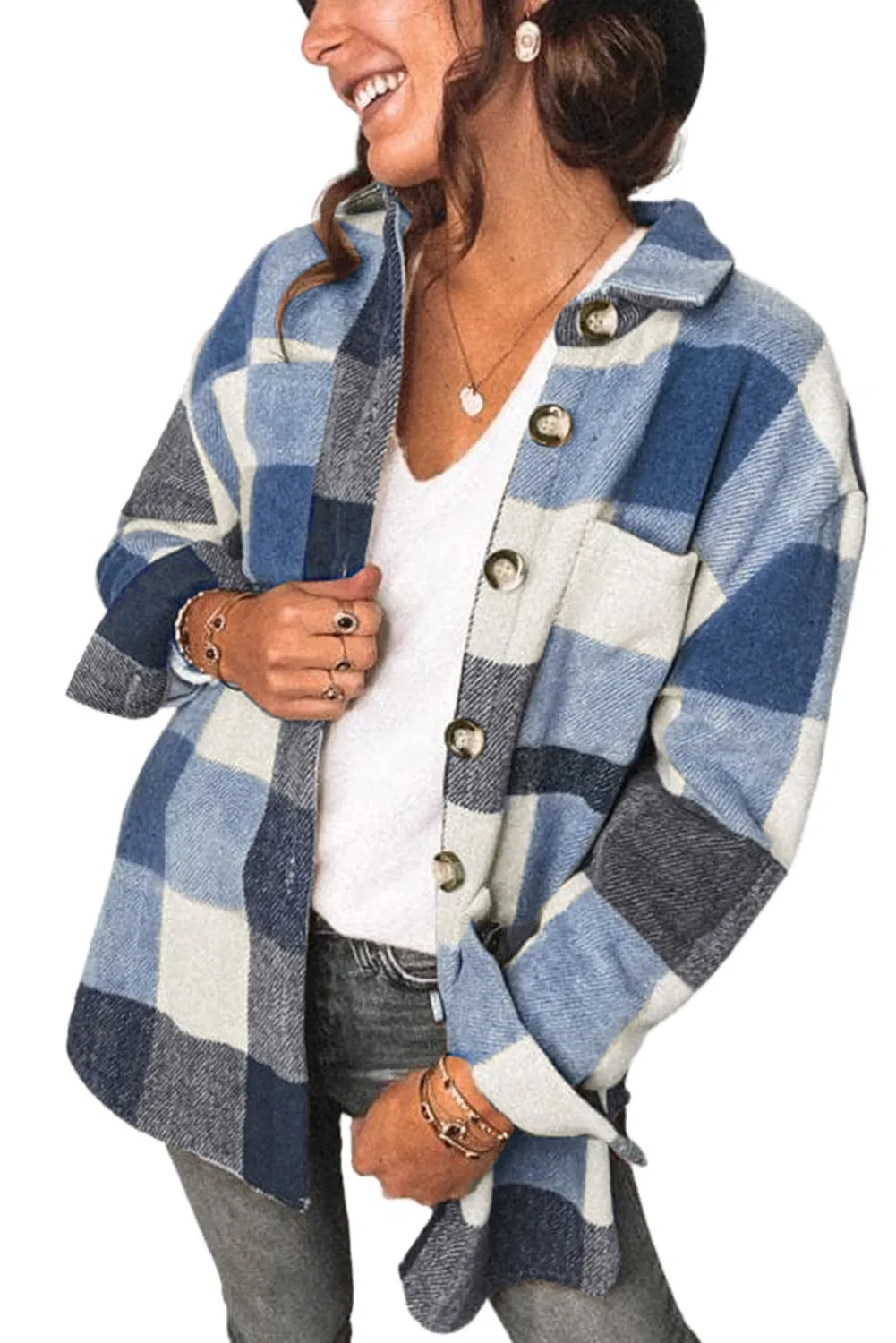 Plaid Shirt Regular Sleeve Women's Buckle Pockets Casual Coat