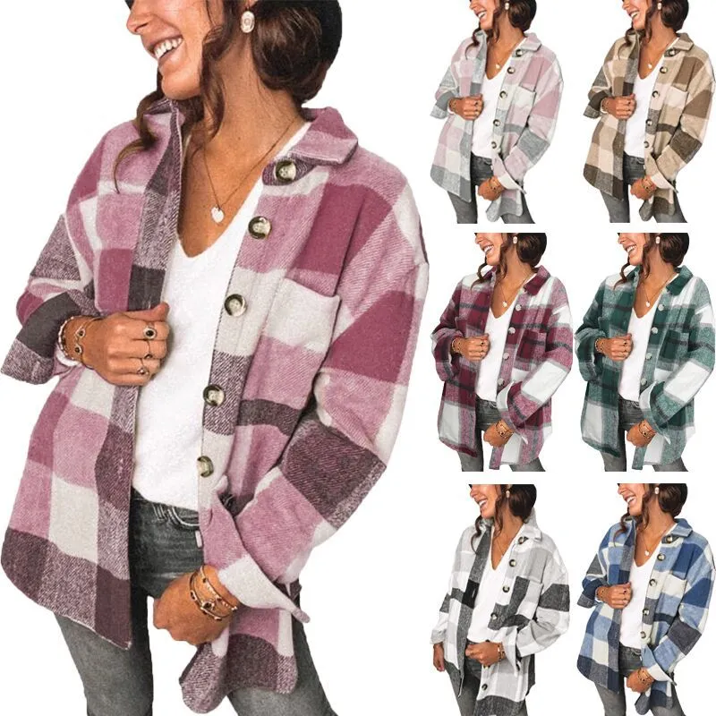 Plaid Shirt Regular Sleeve Women's Buckle Pockets Casual Coat