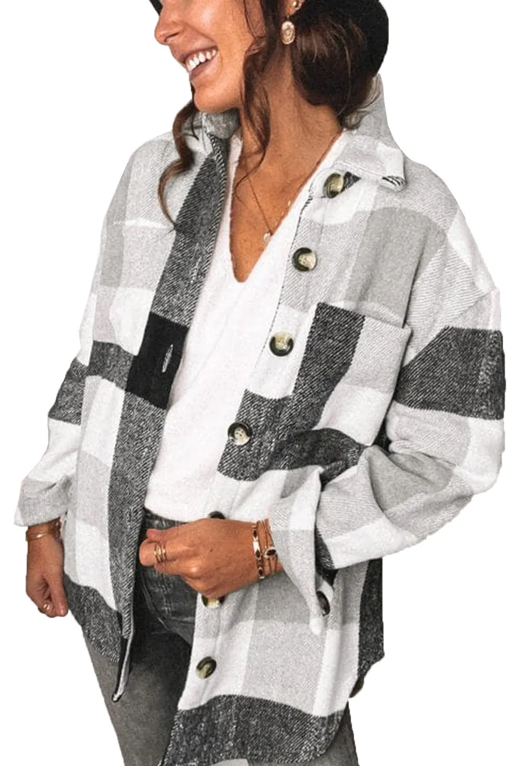 Plaid Shirt Regular Sleeve Women's Buckle Pockets Casual Coat