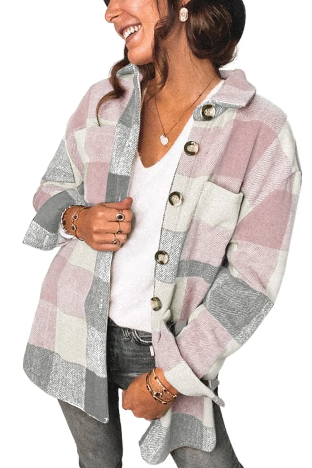 Plaid Shirt Regular Sleeve Women's Buckle Pockets Casual Coat