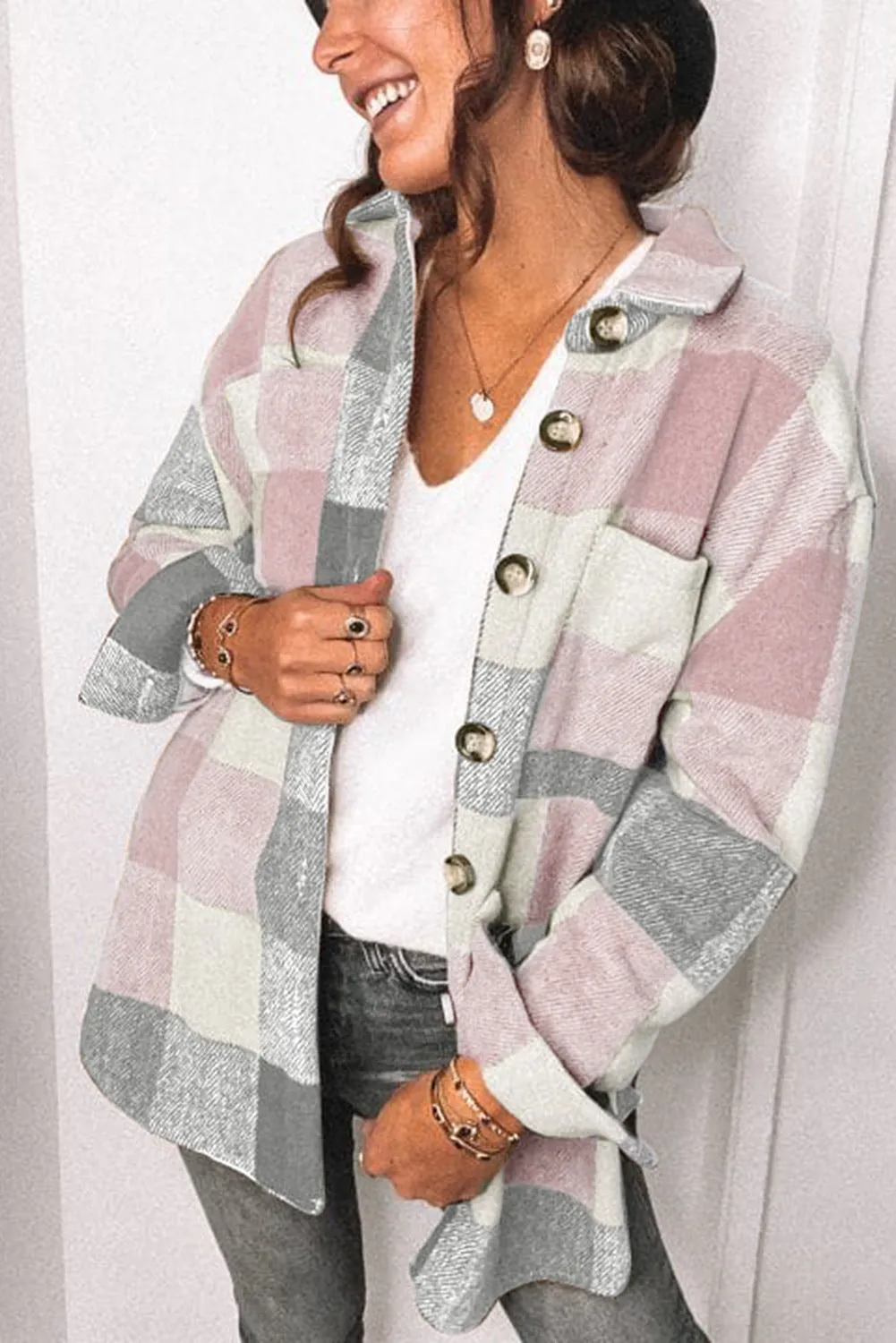Plaid Shirt Regular Sleeve Women's Buckle Pockets Casual Coat