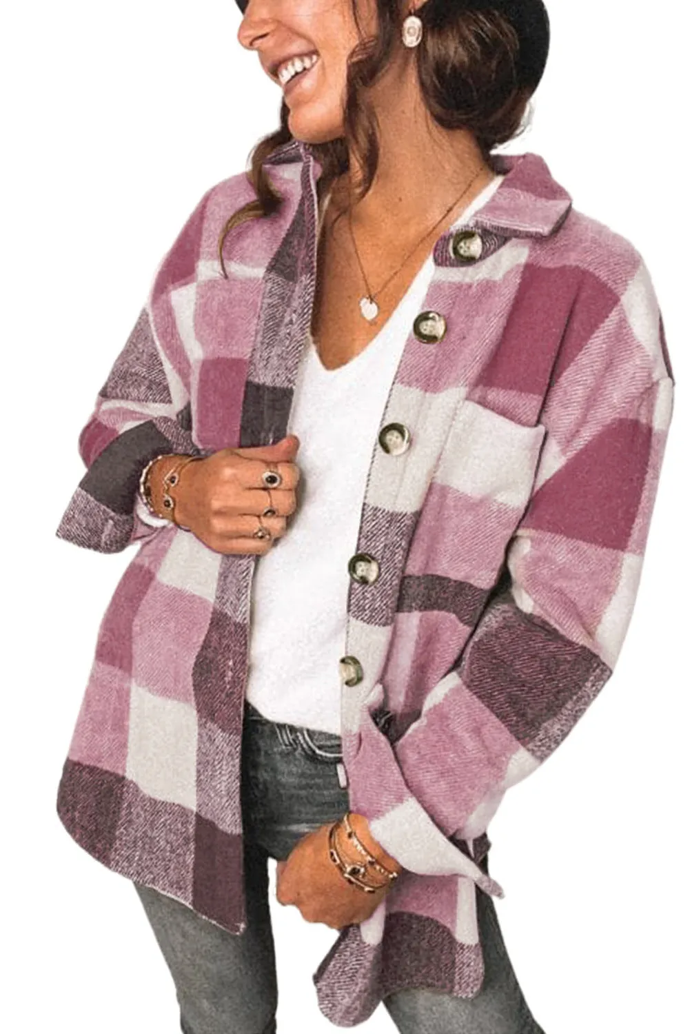 Plaid Shirt Regular Sleeve Women's Buckle Pockets Casual Coat