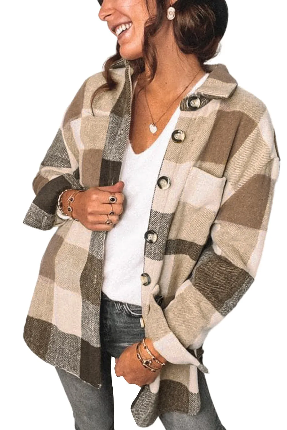 Plaid Shirt Regular Sleeve Women's Buckle Pockets Casual Coat