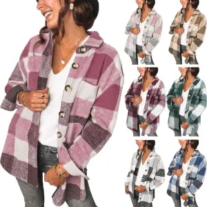 Plaid Shirt Regular Sleeve Women's Buckle Pockets Casual Coat