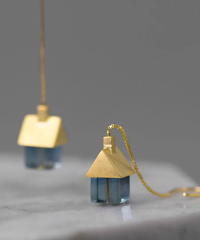 Retro Silk Sterling Silver Overgild Gem Stone Small House Tassel Drop Earrings PO019