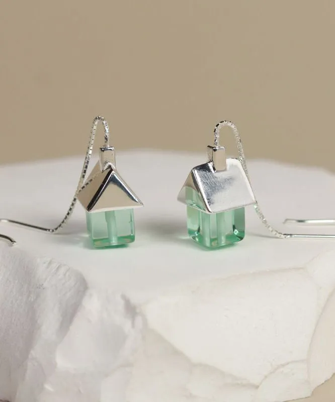 Retro Silk Sterling Silver Overgild Gem Stone Small House Tassel Drop Earrings PO019