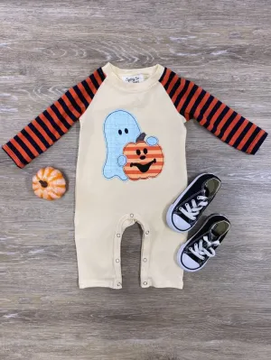 Stripe Sleeve Ghost & Jack-o-lantern Halloween Baby Romper