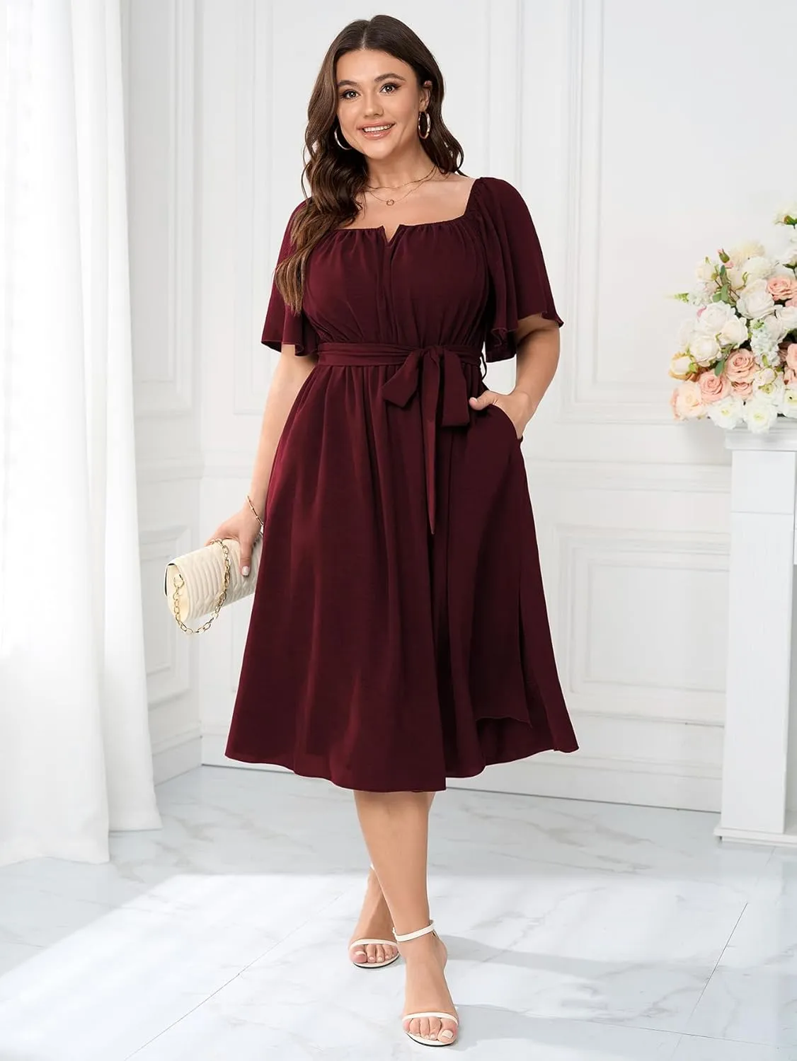 Women Plus Size Cocktail Dress Short Sleeve Square Neck Belted Elegant Flowy A Line Midi Dresses with Pockets
