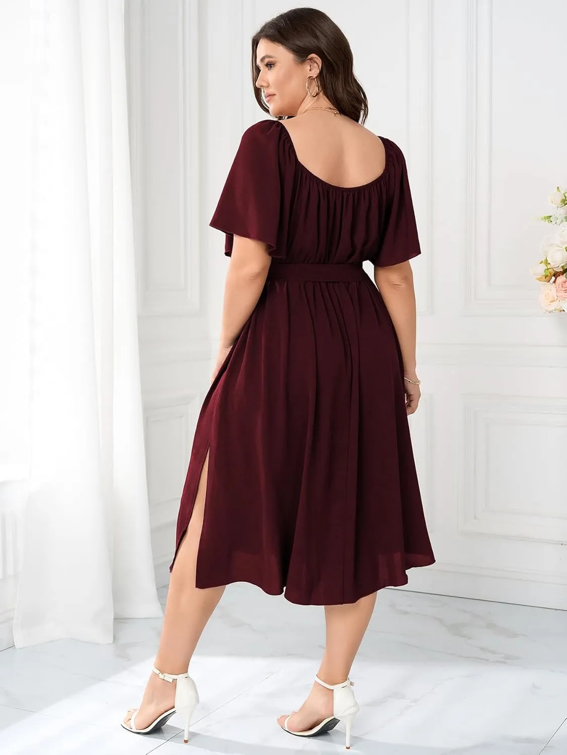 Women Plus Size Cocktail Dress Short Sleeve Square Neck Belted Elegant Flowy A Line Midi Dresses with Pockets
